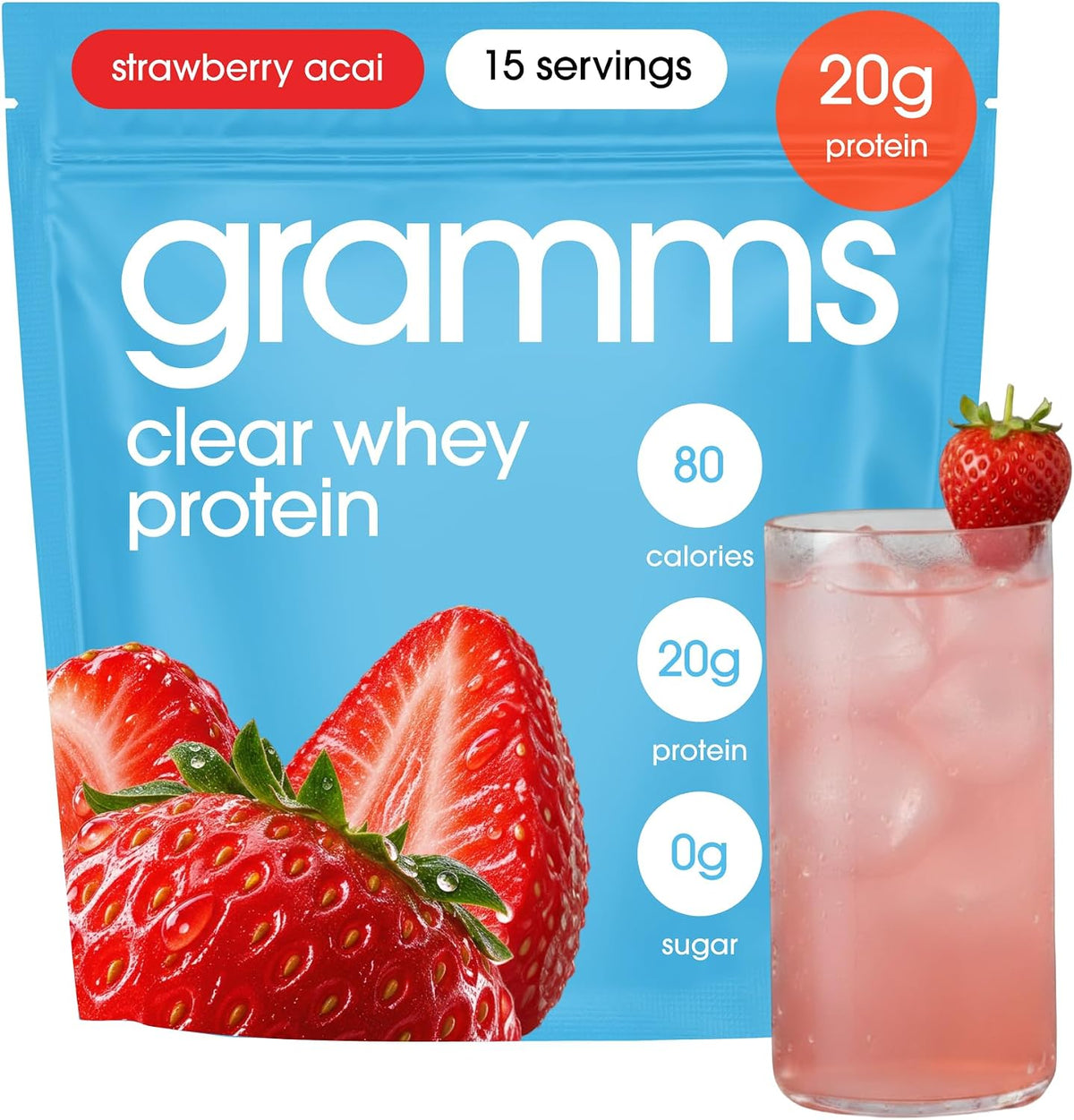 GRAMMS Clear Protein Powder | 20G Whey Isolate | Gluten Sugar Lactose Free | 3rd Party Tested for Purity, Grass Fed European Whey | Strawberry Açaí | 18 Servings