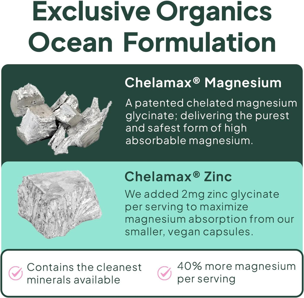 Organics Ocean Pure Magnesium Glycinate Supplement with Zinc, 90 Capsules