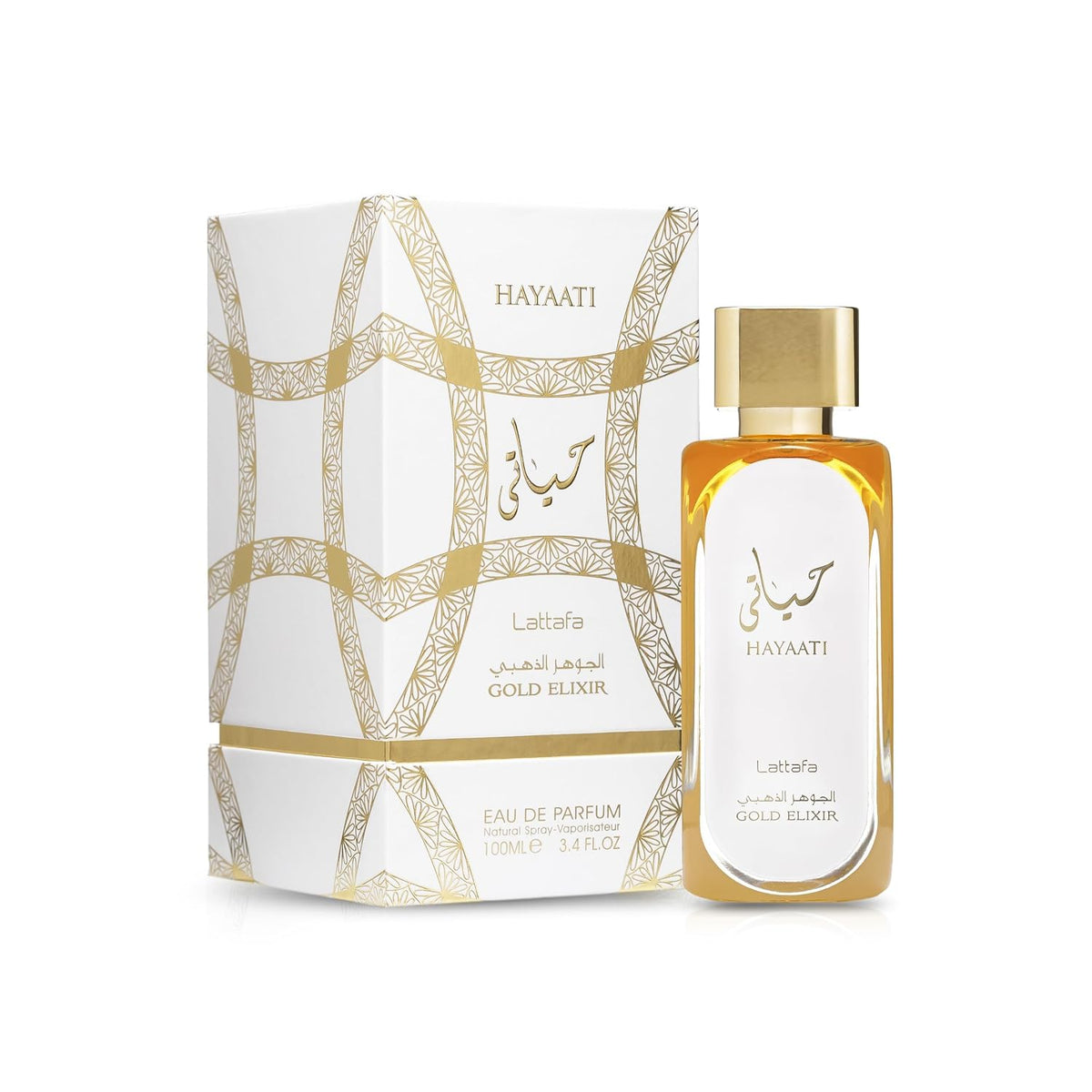Lattafa Hayaati Gold Elixir perfume bottle by Hub Wavy, showcasing a luxurious unisex fragrance with gold accents.