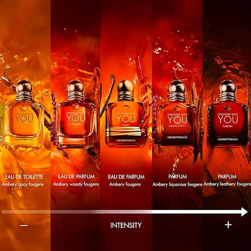 Armani Stronger With You Amber men's fragrance bottle, 3.4 oz, with warm amber and woody notes.