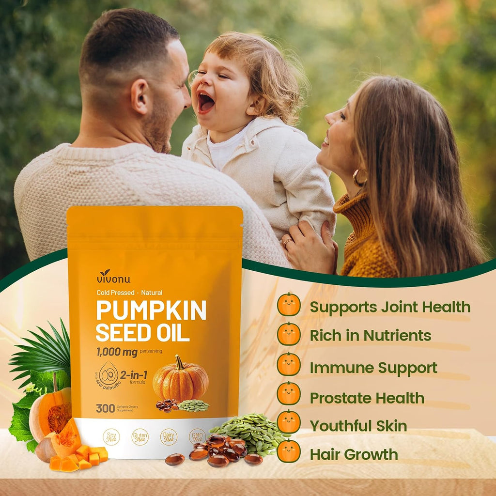 VivoNu Pumpkin Seed Oil with Saw Palmetto Capsules,300 Softgels,Non-GMO