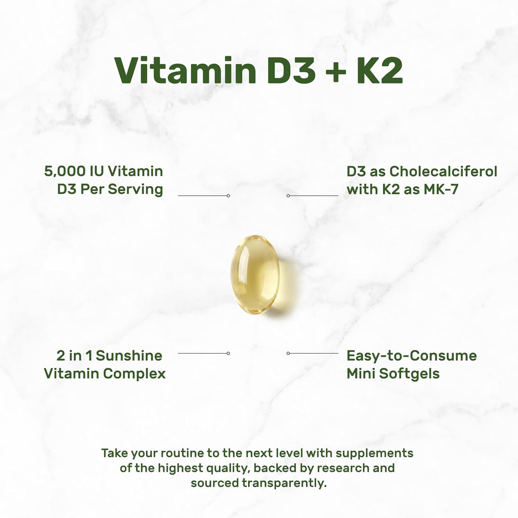 DEAL SUPPLEMENT Vitamin D3 5,000 IU + K2 MK7 Softgels, 250 Count | 2-in-1 Complex | Easy to Swallow