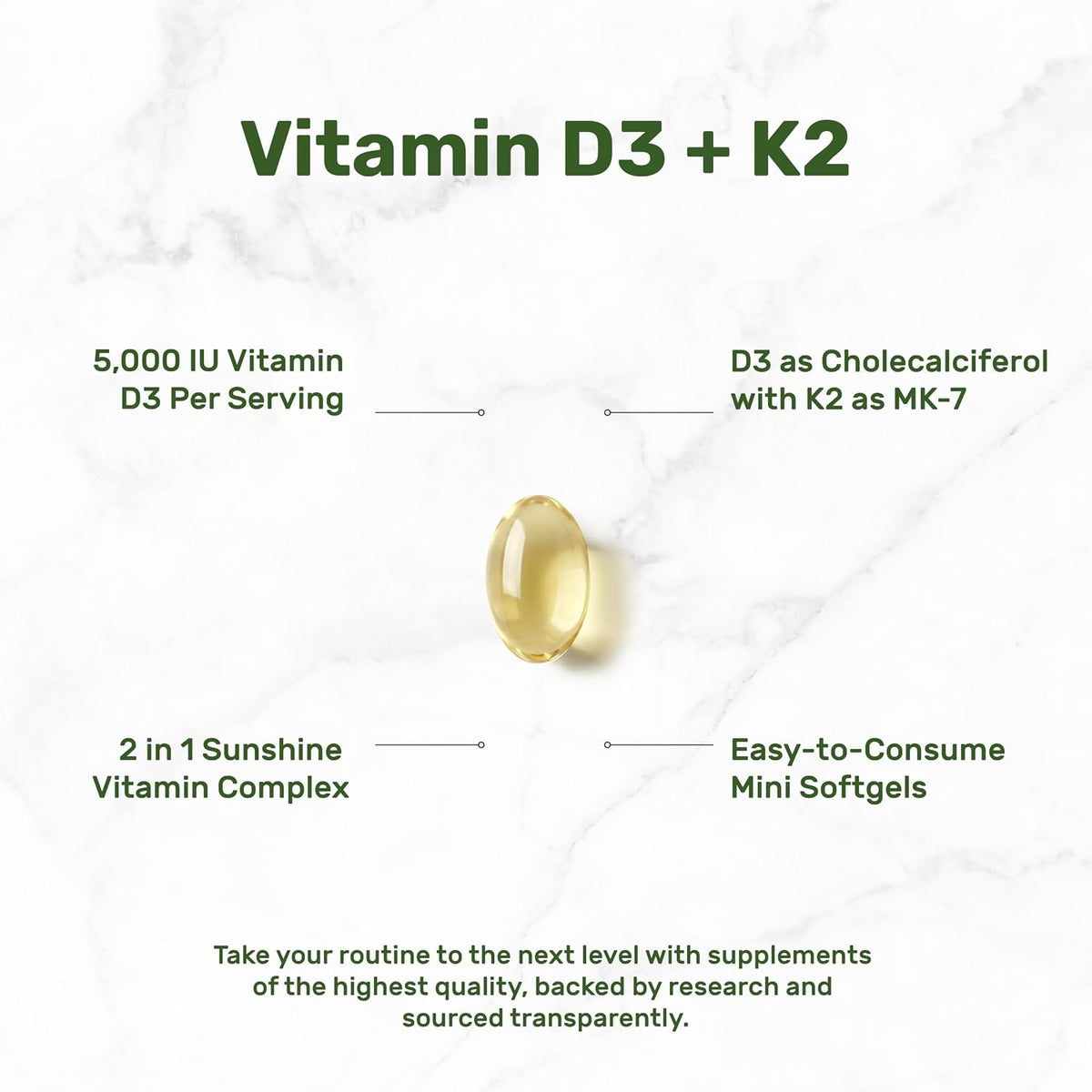 DEAL SUPPLEMENT Vitamin D3 5,000 IU + K2 MK7 Softgels, 250 Count | 2-in-1 Complex | Easy to Swallow