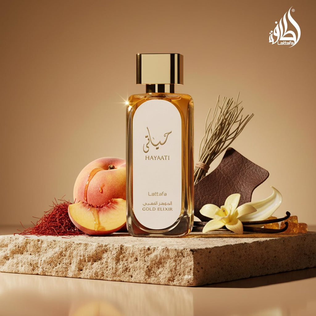 Lattafa Hayaati Gold Elixir perfume by Hub Wavy, unisex fragrance in a 100ml bottle, luxurious and long-lasting scent.