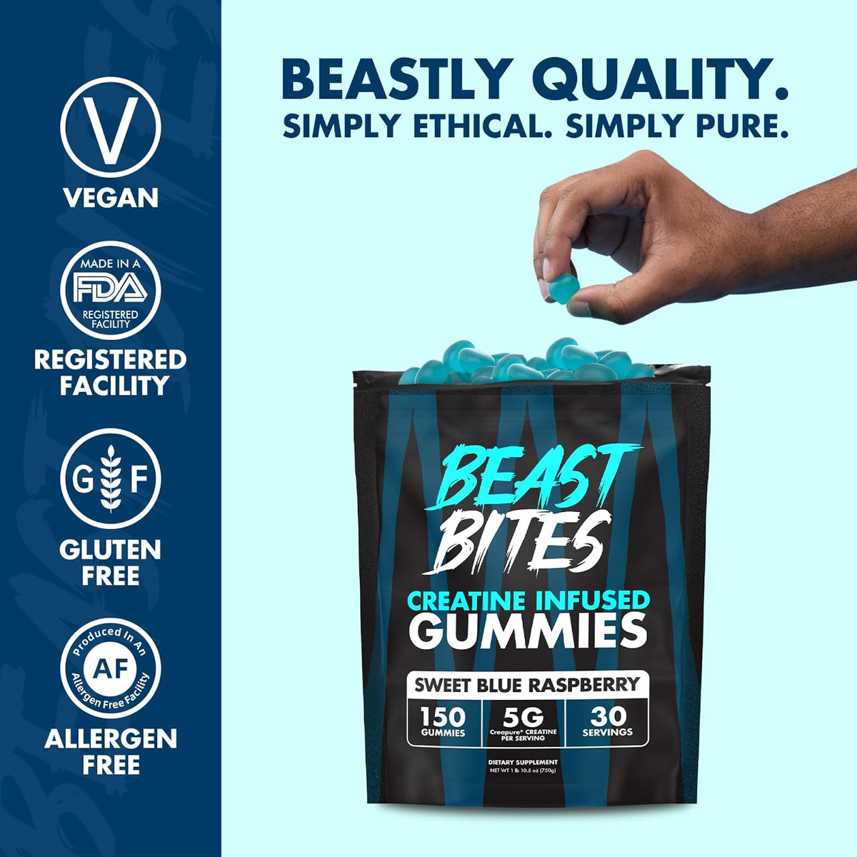 BEAST BITES - Creatine Bites - 5g Creatine Monohydrate Per Serving - No Sugar or Artificial Colors - Low-Calorie, Vegan & Halal - Made in The USA - Blue Raspberry Flavor - 30 Gummies