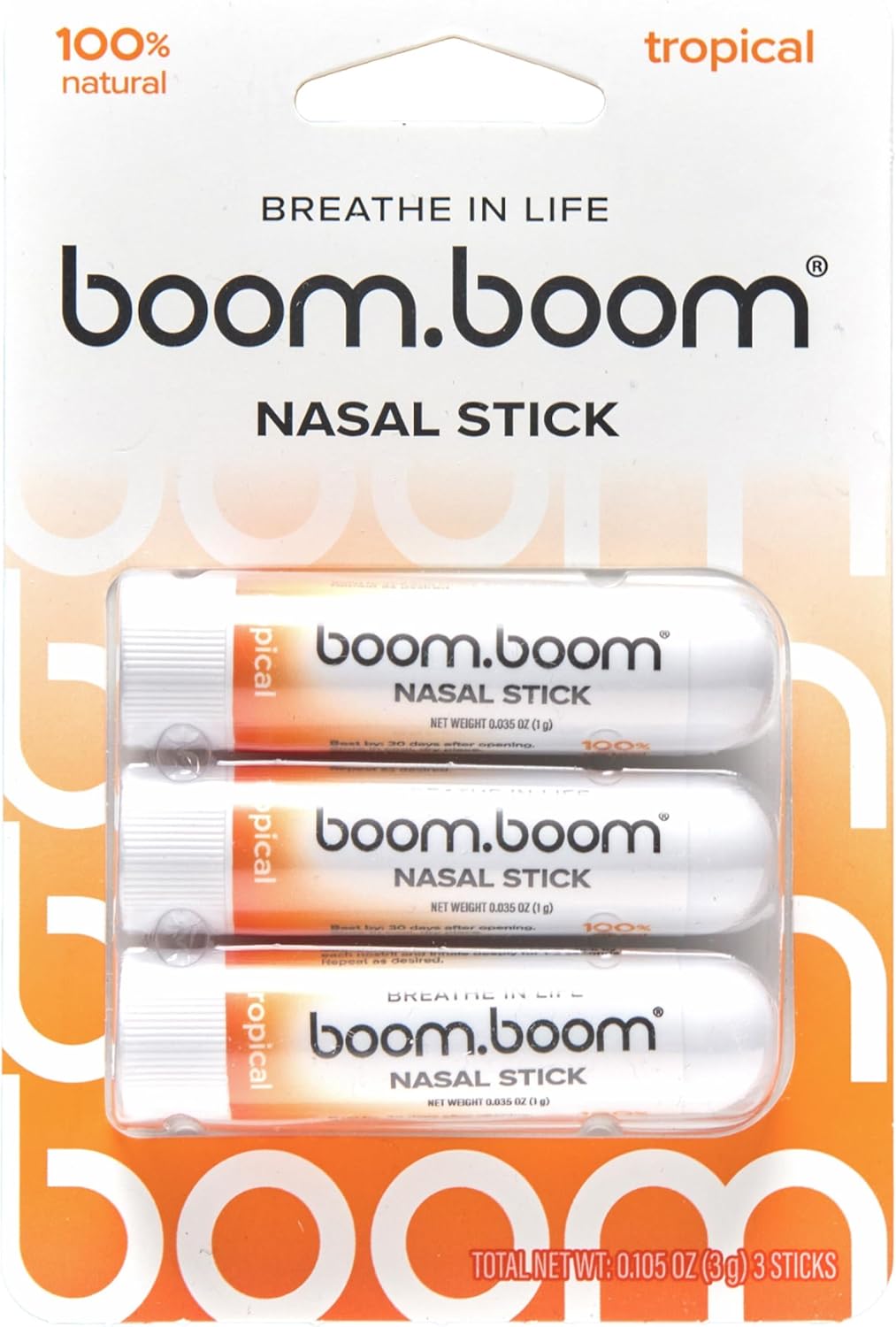 BoomBoom Nasal Stick, Essential Oils + Menthol Inhaler, Tropical, 3 Pack