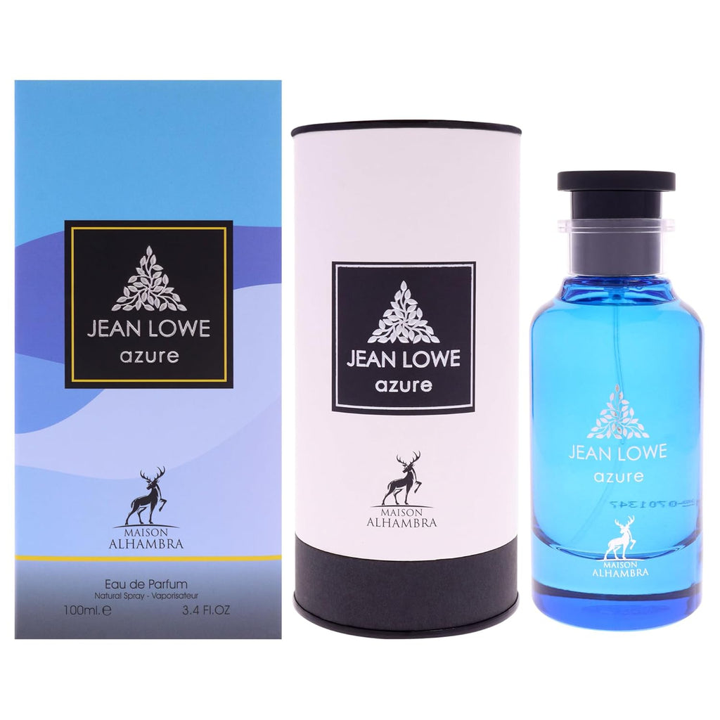 Maison Alhambra Jean Lowe Azure unisex perfume by Hub Wavy, 3.4 oz bottle, showcasing sleek glass design.