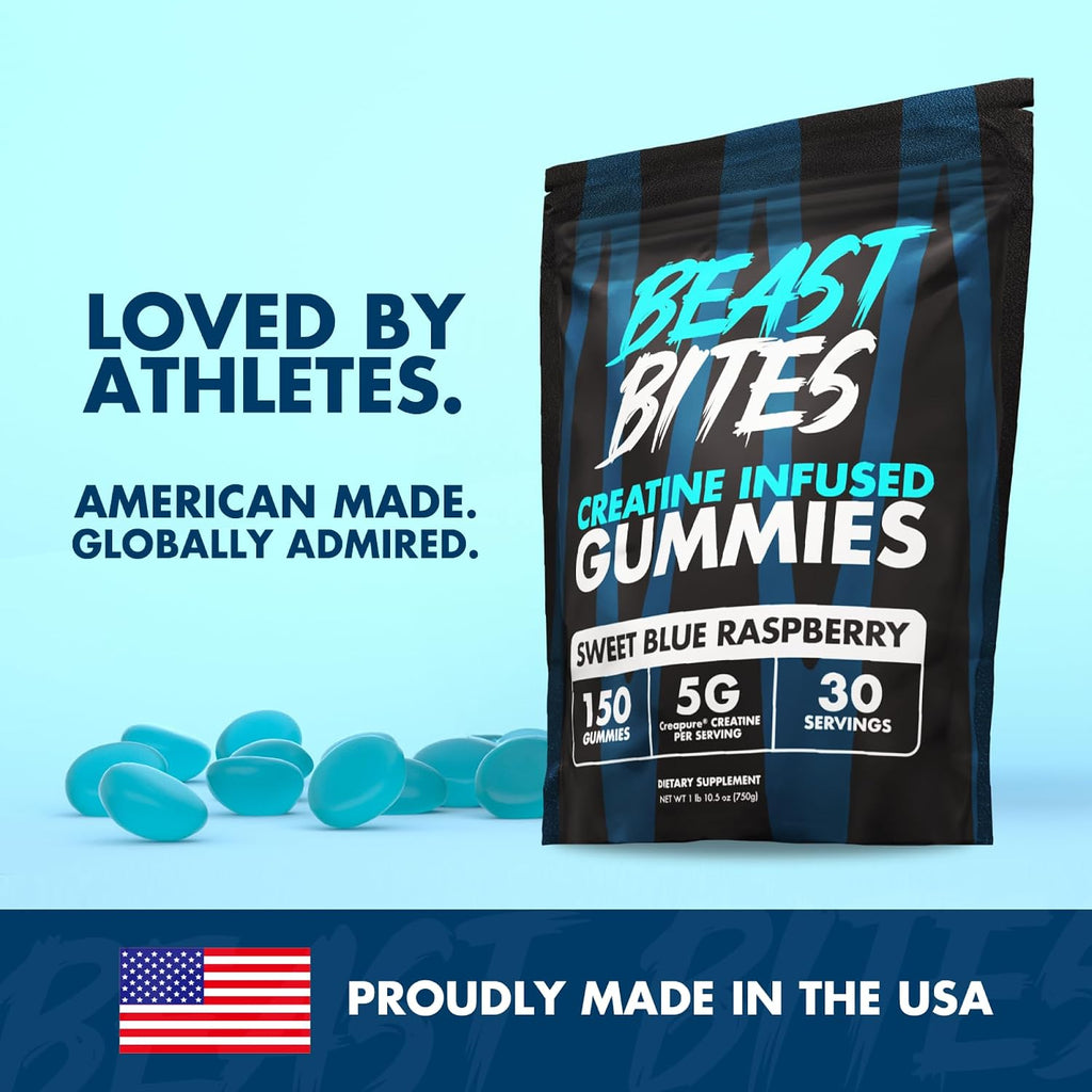BEAST BITES - Creatine Bites - 5g Creatine Monohydrate Per Serving - No Sugar or Artificial Colors - Low-Calorie, Vegan & Halal - Made in The USA - Blue Raspberry Flavor - 30 Gummies