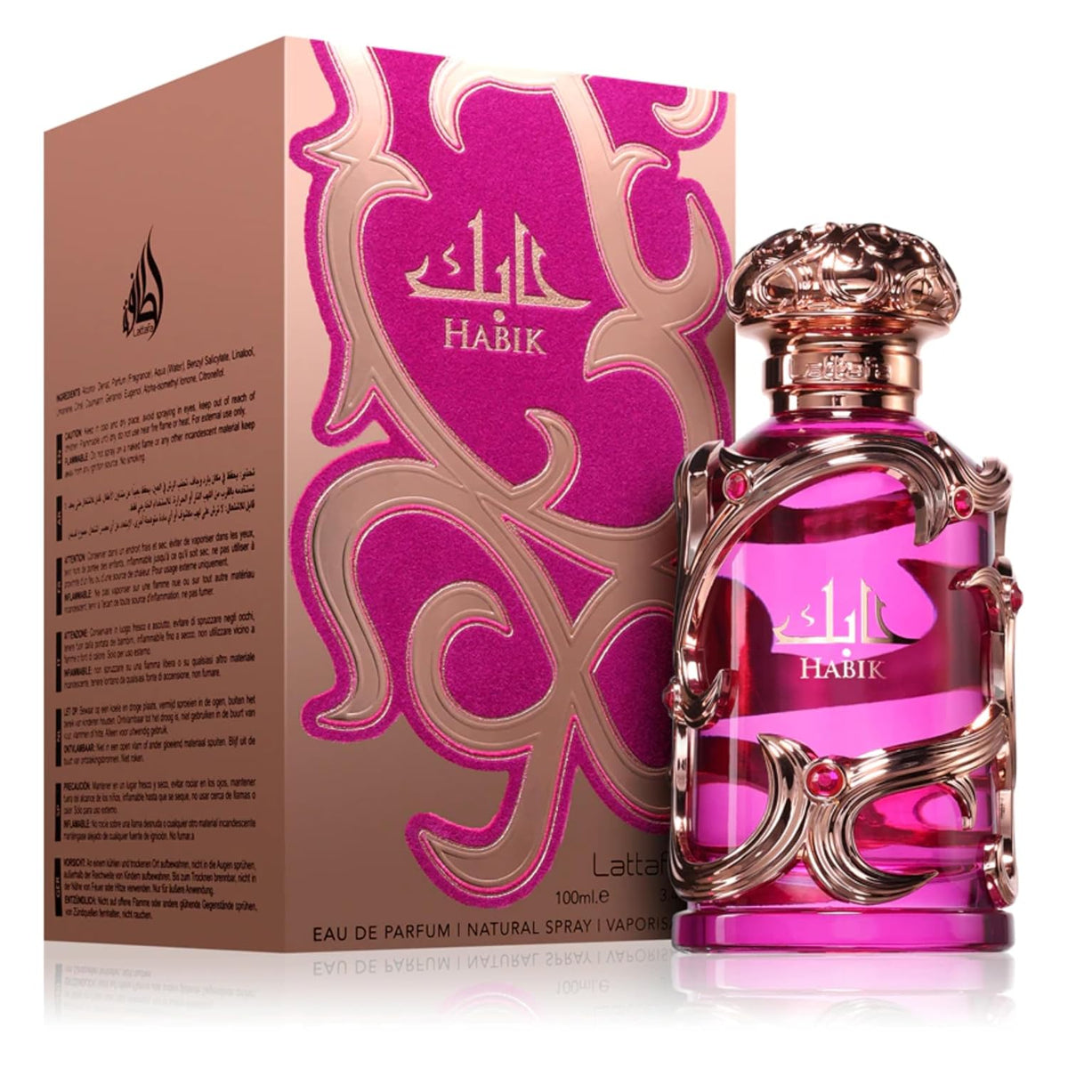 Hub Wavy Lattafa Habik luxury women's perfume bottle, 3.40 oz / 100 ml, with elegant packaging and floral accents.