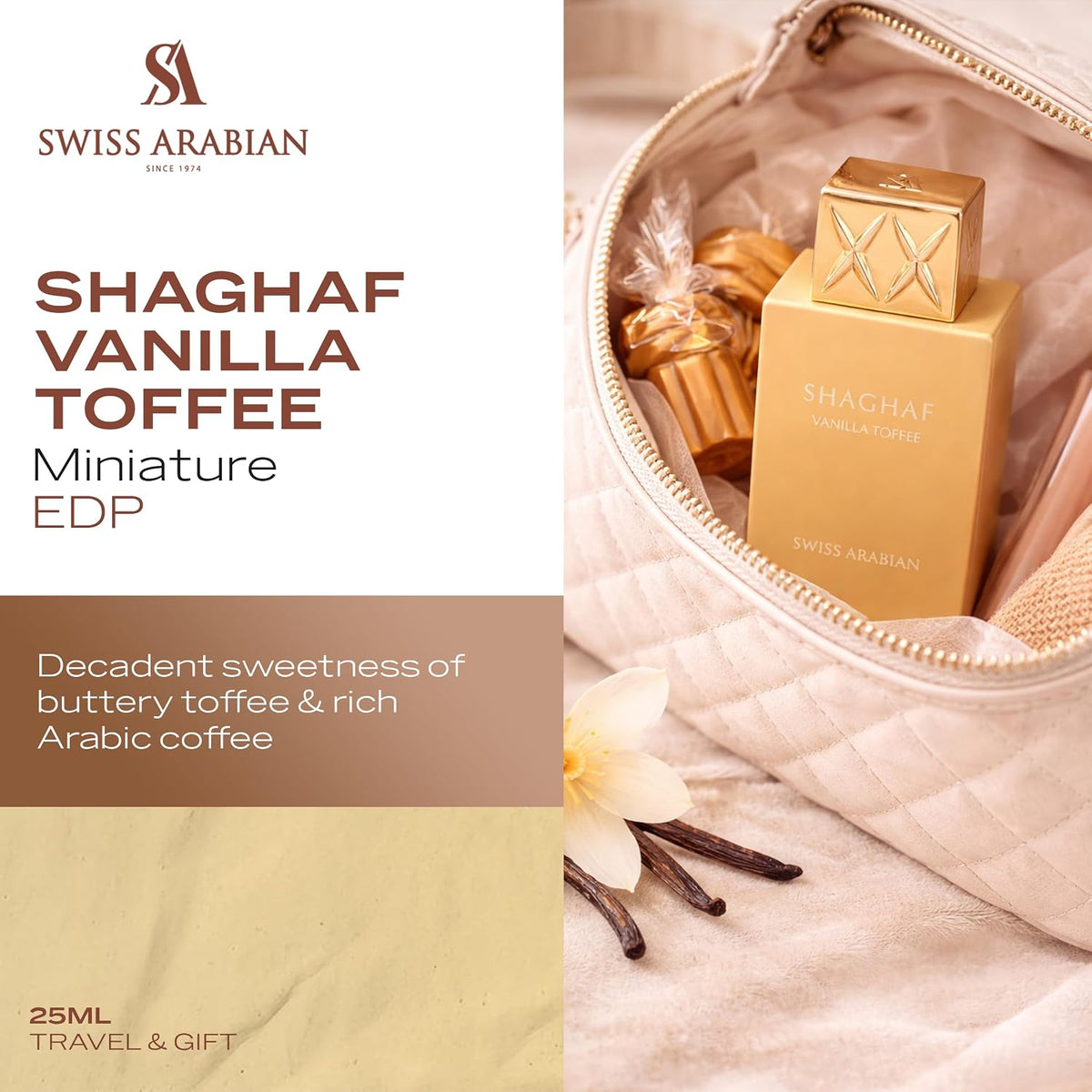 Hub Wavy Swiss Arabian Shaghaf Vanilla Toffee perfume bottle, 75ml unisex fragrance with warm vanilla and toffee notes.