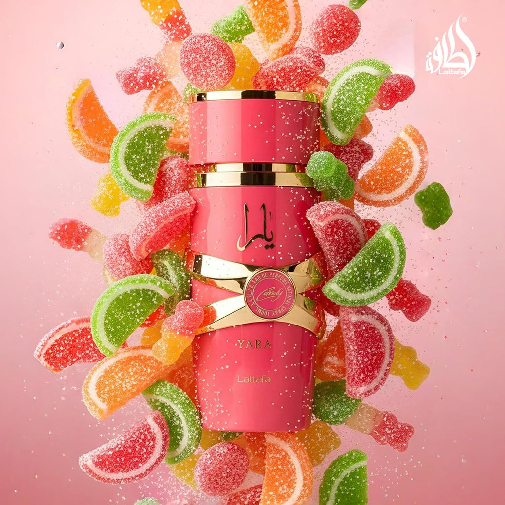 Lattafa Yara Candy perfume for women in a 100ml bottle, showcasing the elegant fragrance packaging by Hub Wavy.