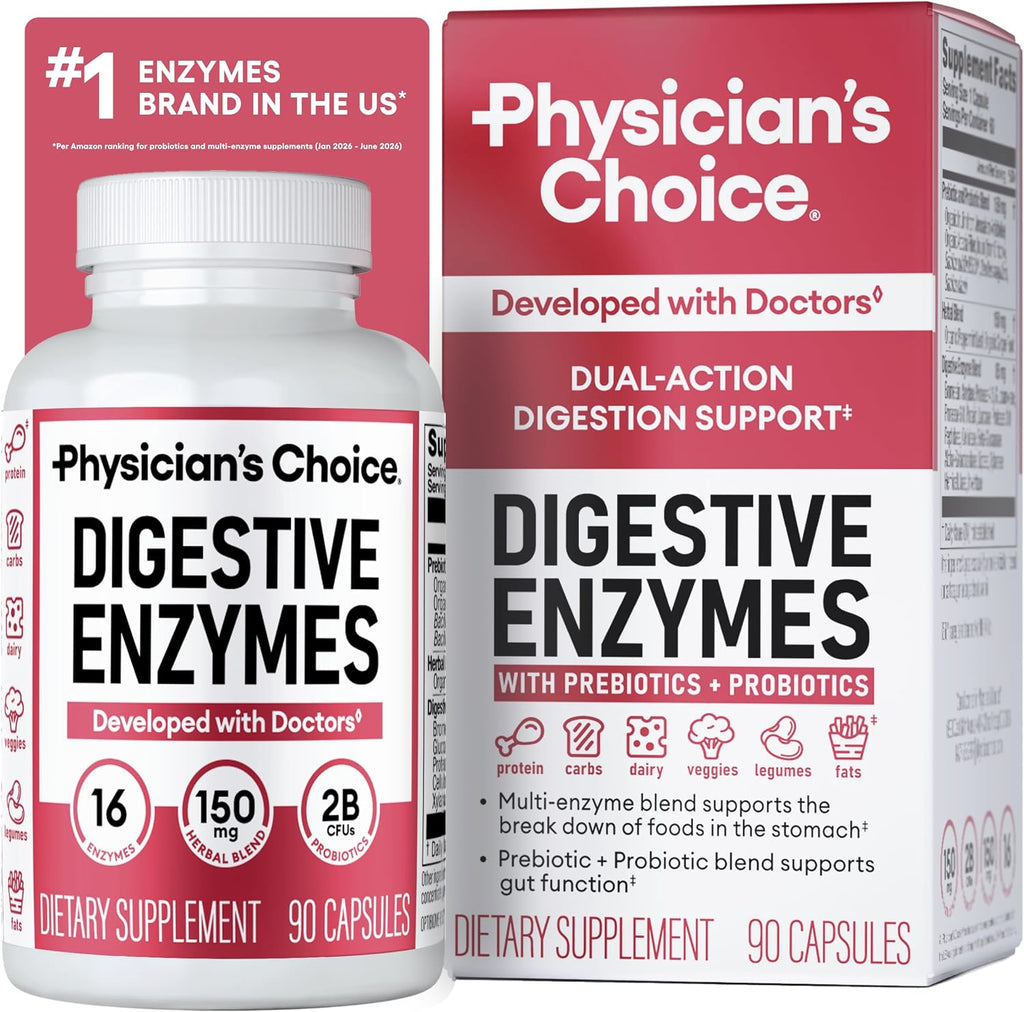 Physician's CHOICE Digestive Enzymes for Bloating & Digestion - Fast-Acting 16 Enzyme Formula with Organic Prebiotics & Probiotics for Gut & Digestive Health - Meal Time Discomfort Relief - 60 CT