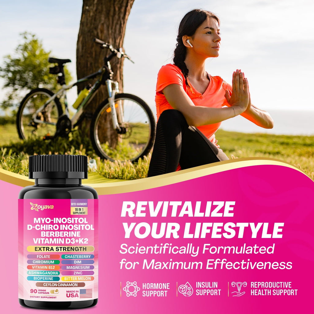 Zoyava Myo Inositol Women's Supplement 750mg, Berberine 500mg, D-Chiro Inositol 50mg, Folate 400mcg, Chromium 100mcg, Ceylon Cinnamon 200mg, Ashwagandha 100mg, DIM 75mg, 90 Capsules