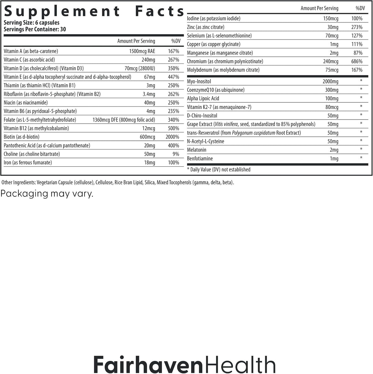 Fairhaven Health FH PRO Fertility Multivitamin for Women, 180 Capsules