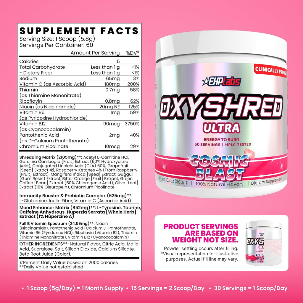EHP Labs OxyShred Pre Workout Powder - Preworkout Powder with L Glutamine & Acetyl L Carnitine, Energy Boost Drink - Cosmic Blast, 60 Servings