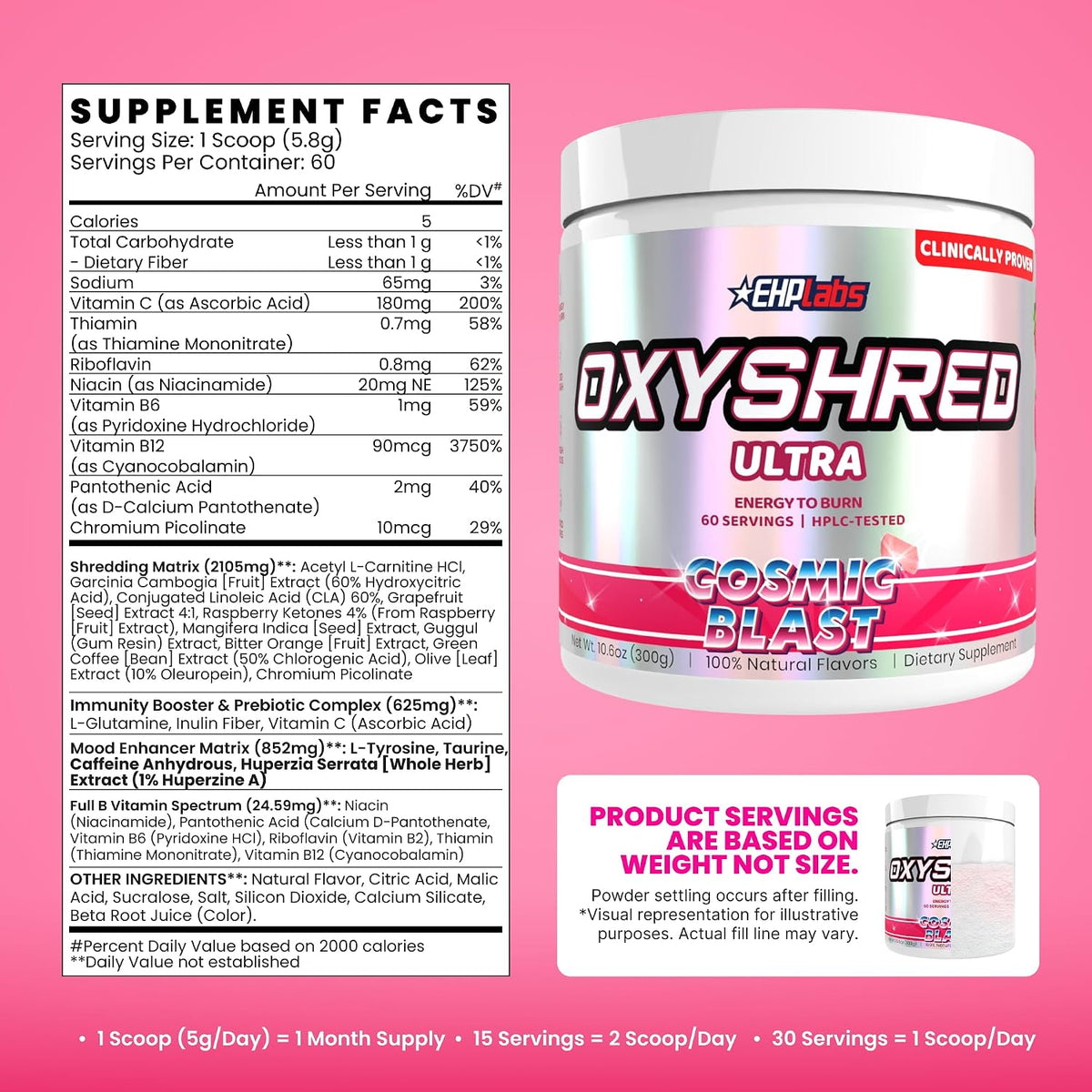 EHP Labs OxyShred Pre Workout Powder - Preworkout Powder with L Glutamine & Acetyl L Carnitine, Energy Boost Drink - Cosmic Blast, 60 Servings