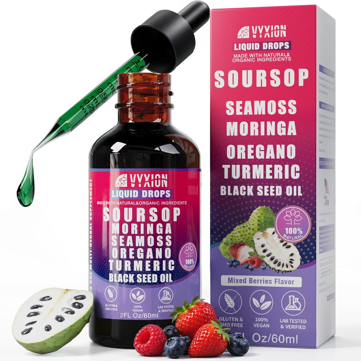 Vyxion Soursop Bitters Liquid Drops 10 in 1 with Sea Moss, Moringa, Turmeric, Black Seed Oil, Oregano, Ashwagandha | Herbal Extracts for Overall Health-Enhancing | Vegan, Non-GMO | 2 Fl Oz