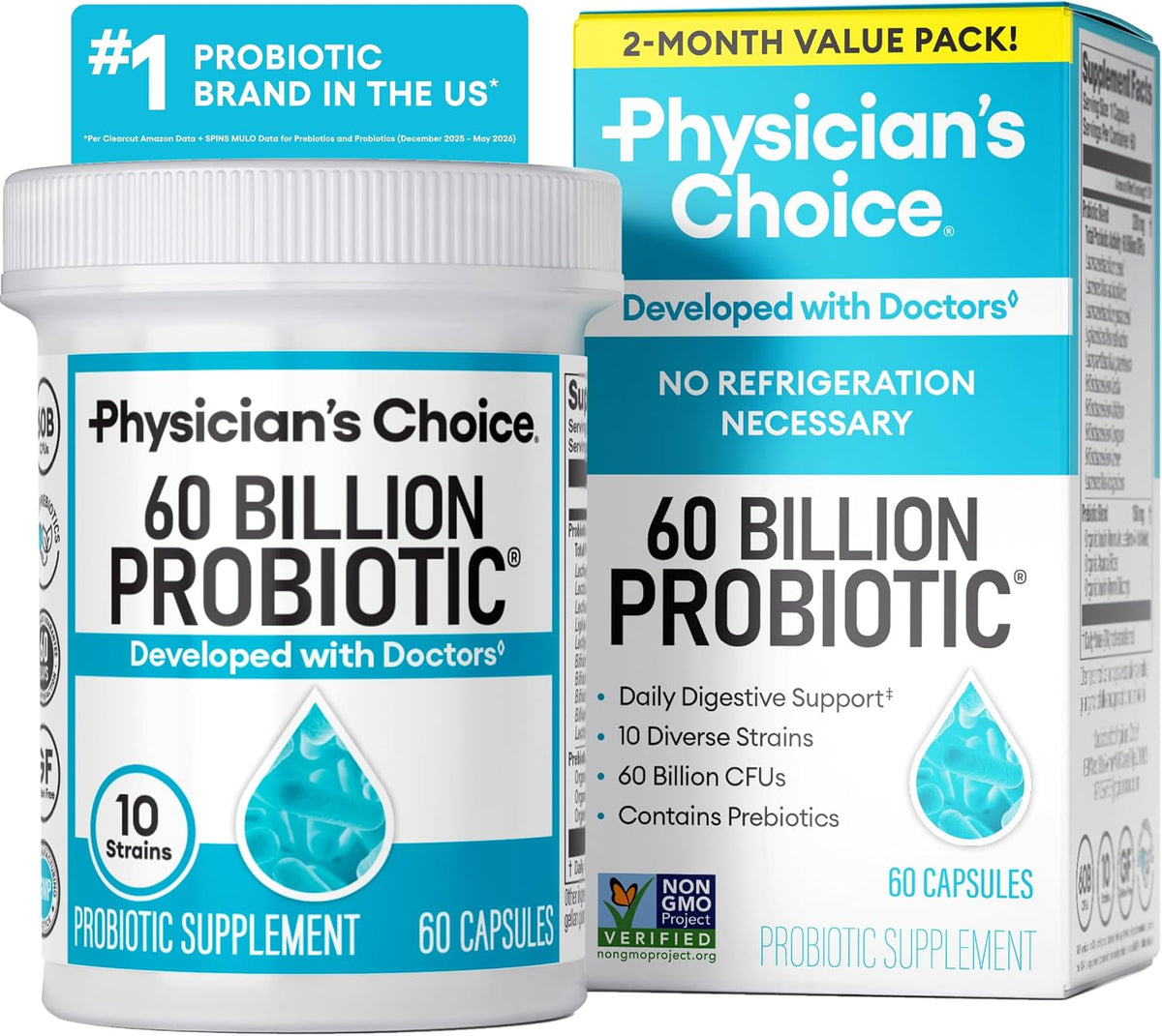 Physician's CHOICE Probiotics 60 Billion CFU - 10 Strains + Organic Prebiotics - Immune, Digestive & Gut Health - Supports Occasional Constipation, Diarrhea, Gas & Bloating - for Women & Men - 30ct