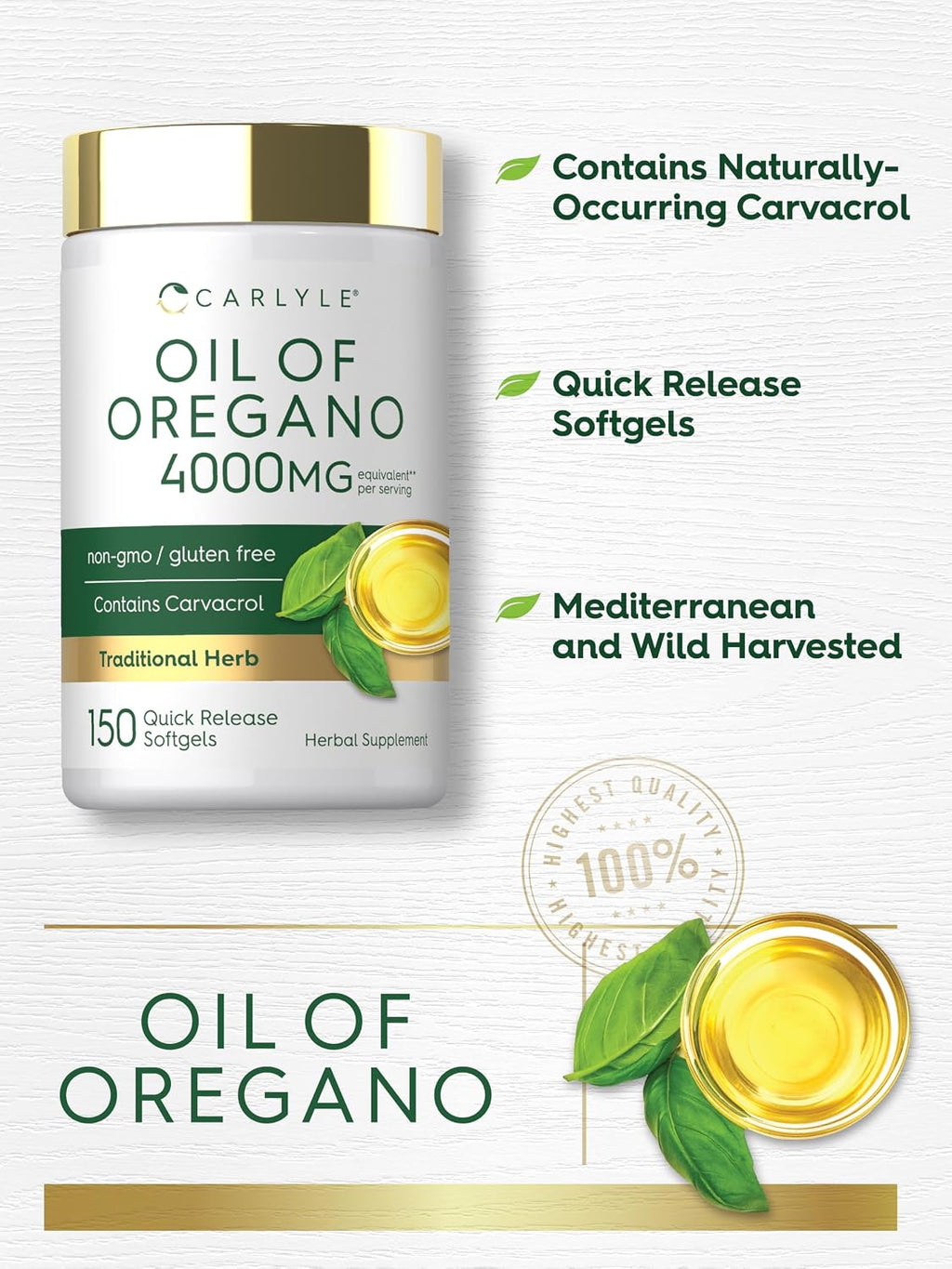 Carlyle Oil of Oregano Softgels | 150 Capsules | Contains Carvacrol