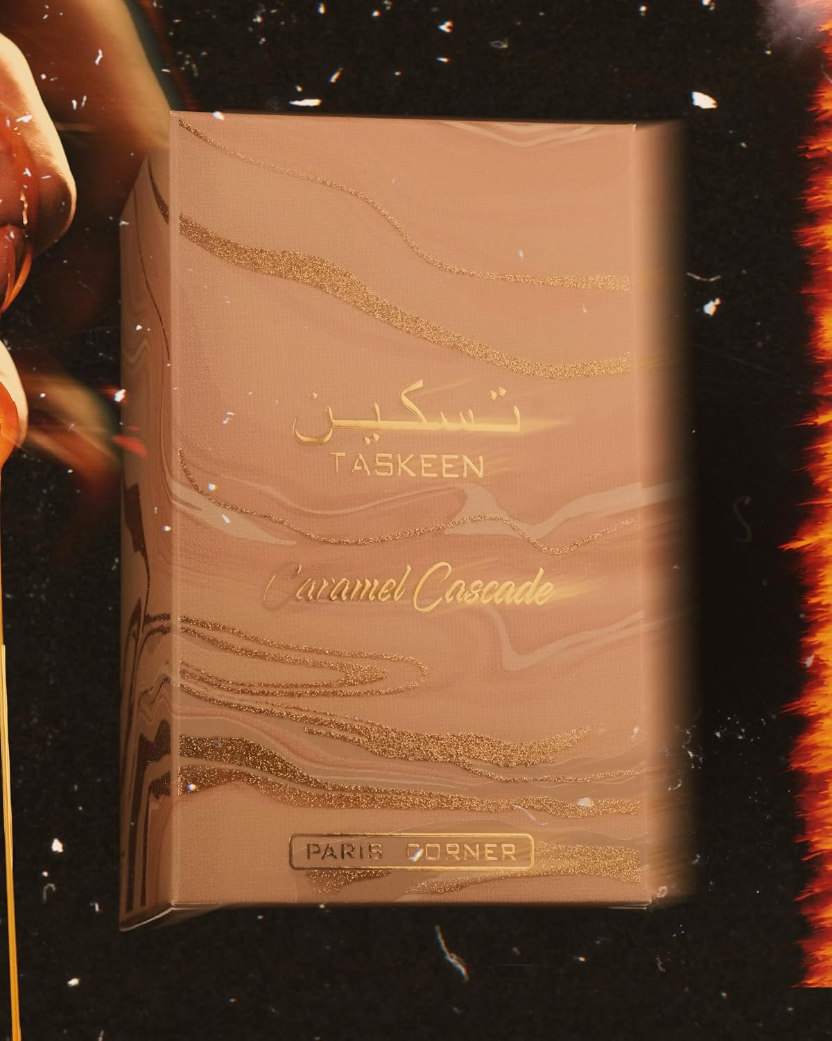 Hub Wavy Paris Corner Taskeen Caramel Cascade unisex perfume bottle, 3.4 oz, luxury fragrance with caramel notes and elegant design