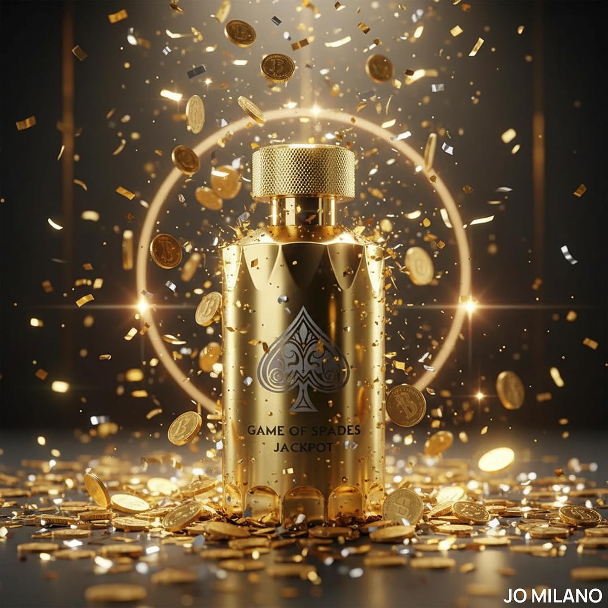 Jo Milano Game of Spades Jackpot luxury unisex perfume bottle by Hub Wavy, 3.4 fl oz, elegant design and branding visible.