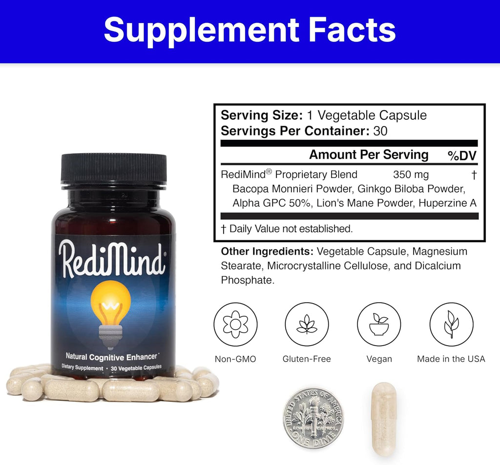RediMind Natural Cognitive Support and Brain Supplement, Vegan, Gluten-Free