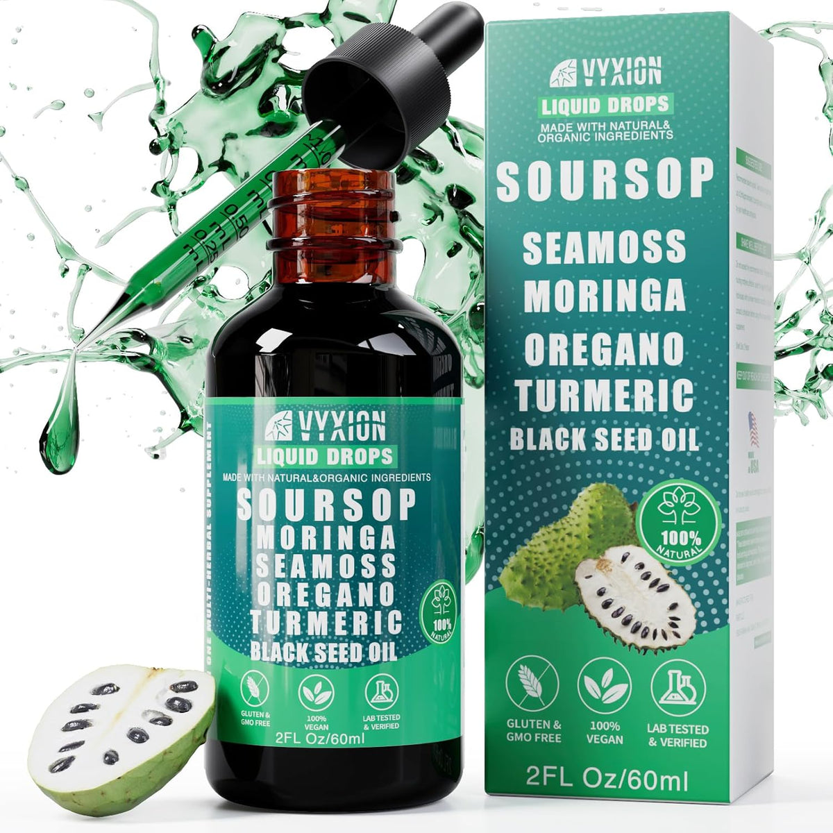 Vyxion Soursop Bitters Liquid Drops 10 in 1 with Sea Moss, Moringa, Turmeric, Black Seed Oil, Oregano, Ashwagandha | Herbal Extracts for Overall Health-Enhancing | Vegan, Non-GMO | 2 Fl Oz