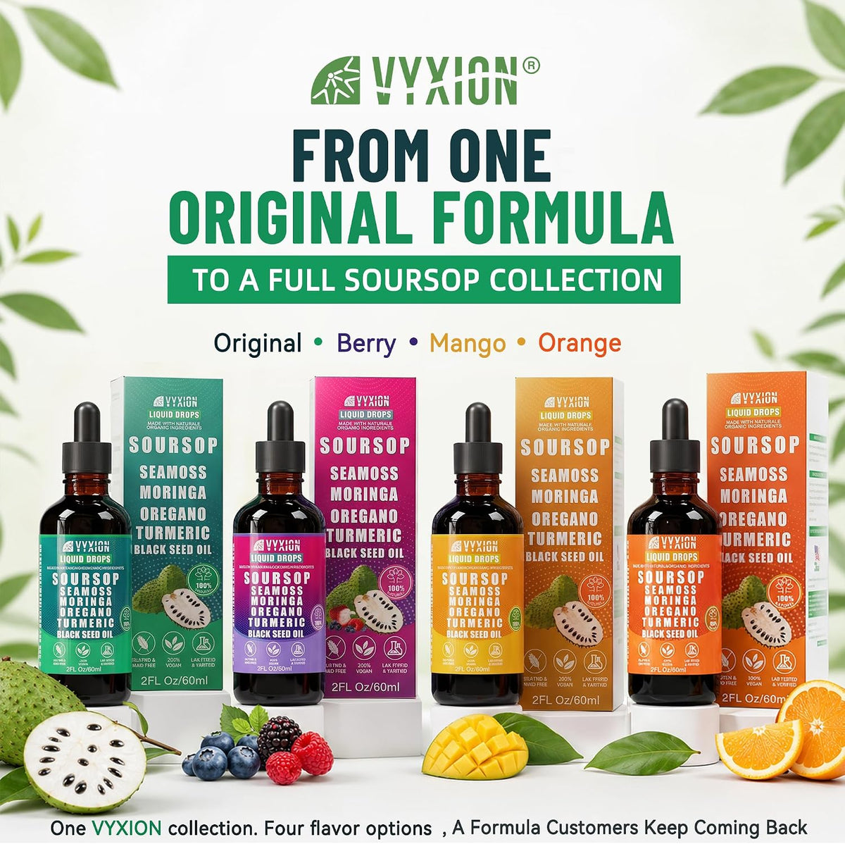 Vyxion Soursop Bitters Liquid Drops 10 in 1 with Sea Moss, Moringa, Turmeric, Black Seed Oil, Oregano, Ashwagandha | Herbal Extracts for Overall Health-Enhancing | Vegan, Non-GMO | 2 Fl Oz