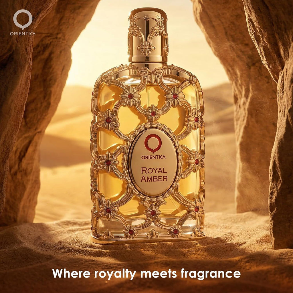 Hub Wavy Orientica Royal Amber perfume bottle, unisex fragrance in 80ml size with elegant design.