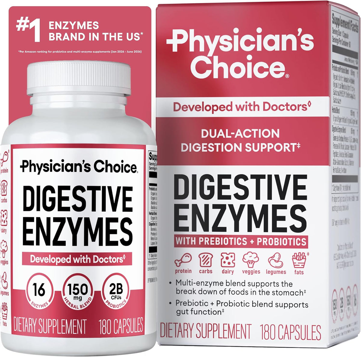 Physician's CHOICE Digestive Enzymes for Bloating & Digestion - Fast-Acting 16 Enzyme Formula with Organic Prebiotics & Probiotics for Gut & Digestive Health - Meal Time Discomfort Relief - 60 CT