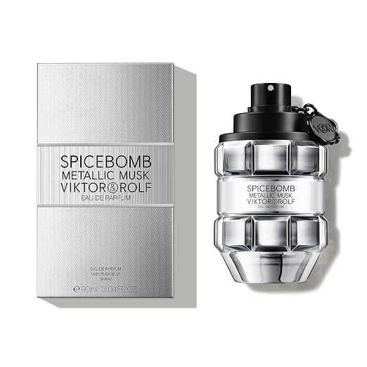 Viktor & Rolf Spicebomb Metallic Musk unisex perfume bottle, 3 oz / 90 ml, with sleek metallic design and modern branding.