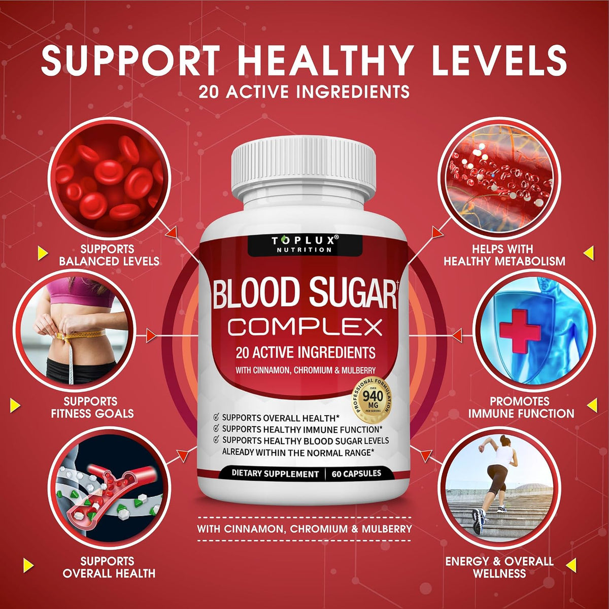 Blood Sugar Complex Supplement - Supports Healthy Blood Sugar Levels Already Within Normal Range All Natural with Cinnamon, Bitter Melon, Chromium, Mulberry, Alpha Lipoic Acid, Non-GMO, 60 Capsules