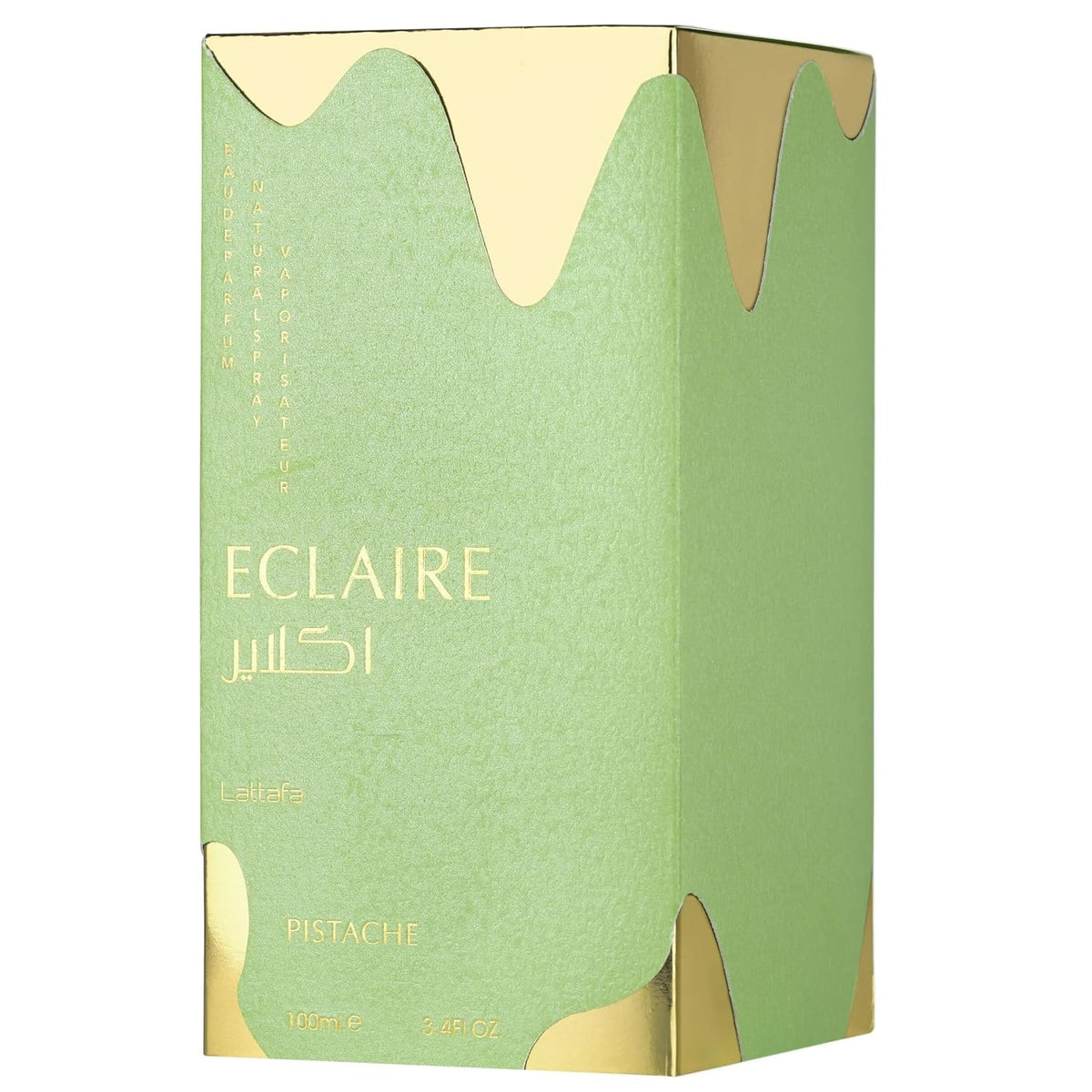 Hub Wavy Lattafa Eclaire Pistache perfume bottle, 3.40 oz, luxury long-lasting fragrance for women with bold pistachio scent.