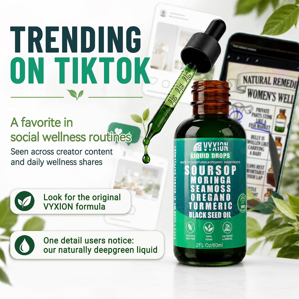 Vyxion Soursop Bitters Liquid Drops 10 in 1 with Sea Moss, Moringa, Turmeric, Black Seed Oil, Oregano, Ashwagandha | Herbal Extracts for Overall Health-Enhancing | Vegan, Non-GMO | 2 Fl Oz