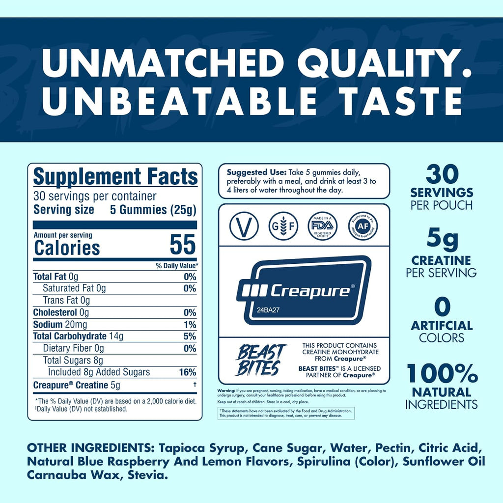 BEAST BITES - Creatine Bites - 5g Creatine Monohydrate Per Serving - No Sugar or Artificial Colors - Low-Calorie, Vegan & Halal - Made in The USA - Blue Raspberry Flavor - 30 Gummies