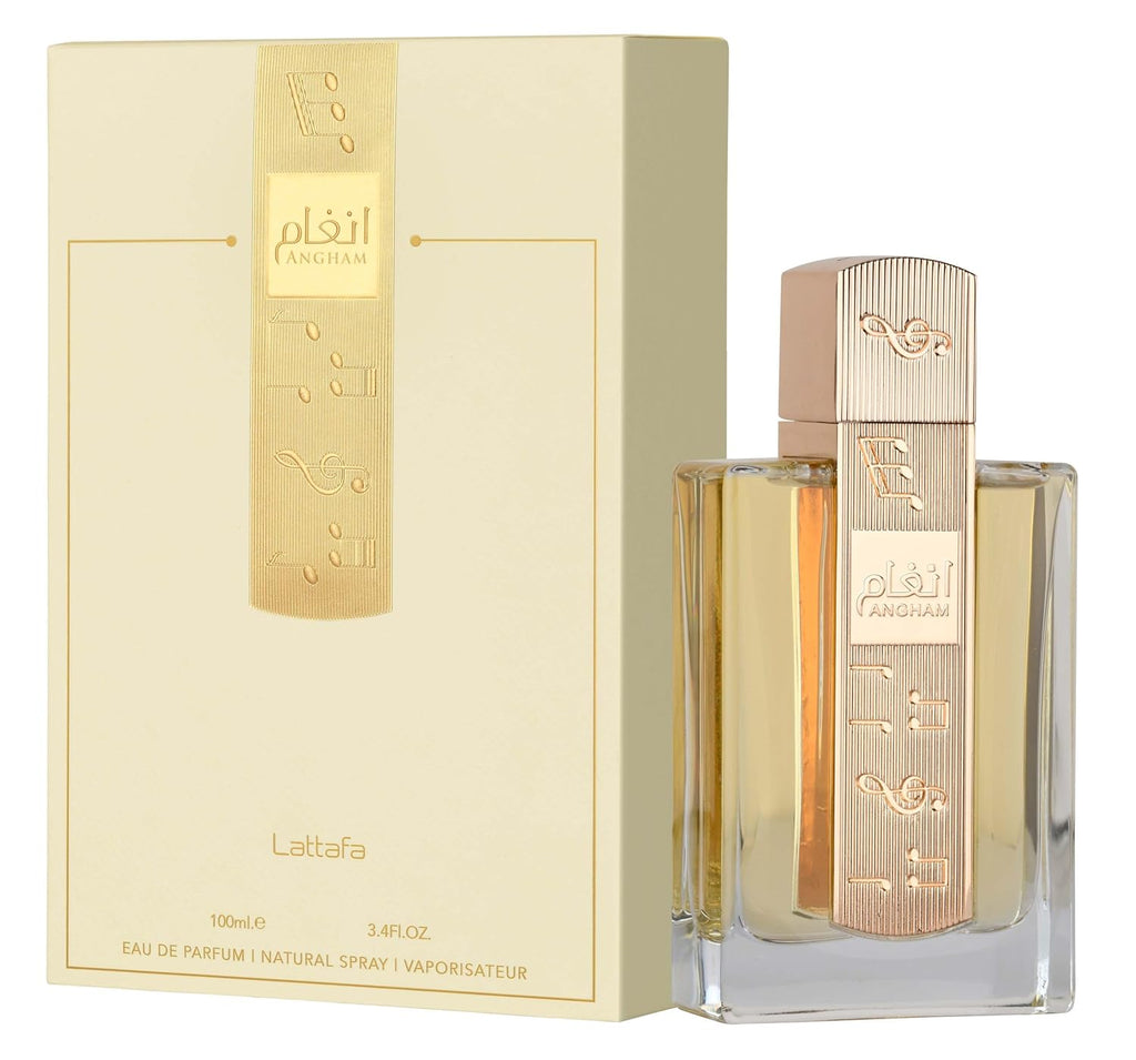 Hub Wavy Lattafa Angham luxury unisex perfume bottle, 100 ml, with elegant design and fragrance details visible.
