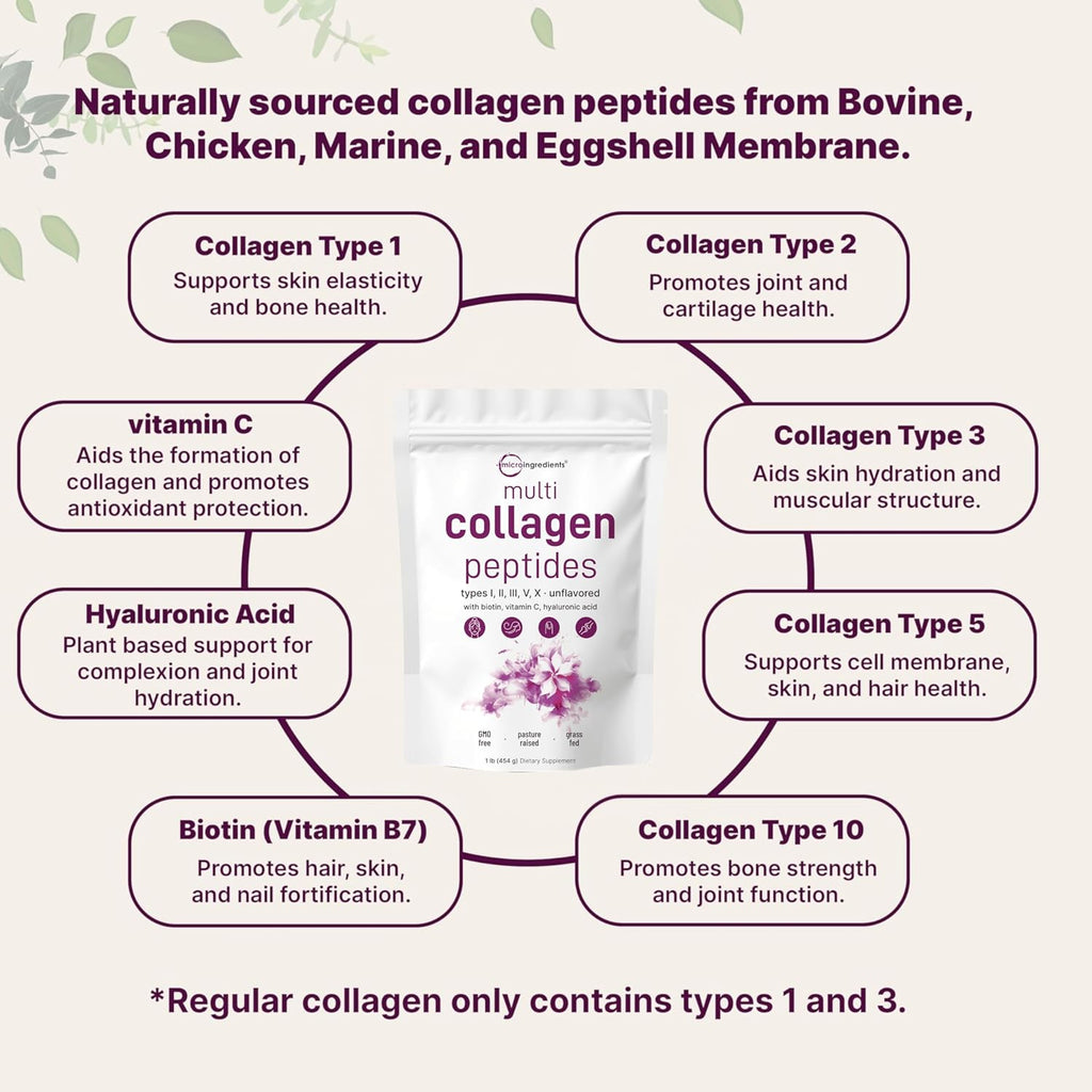 Micro Ingredients Multi Collagen Peptides Powder, 1lb (41 Servings)