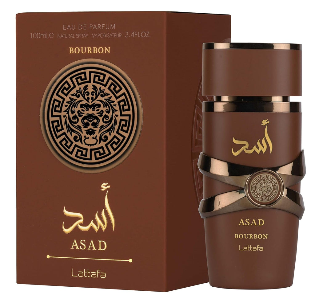 Lattafa Asad Bourbon perfume bottle by Hub Wavy, unisex fragrance with elegant packaging, 100ml (3.40 oz).