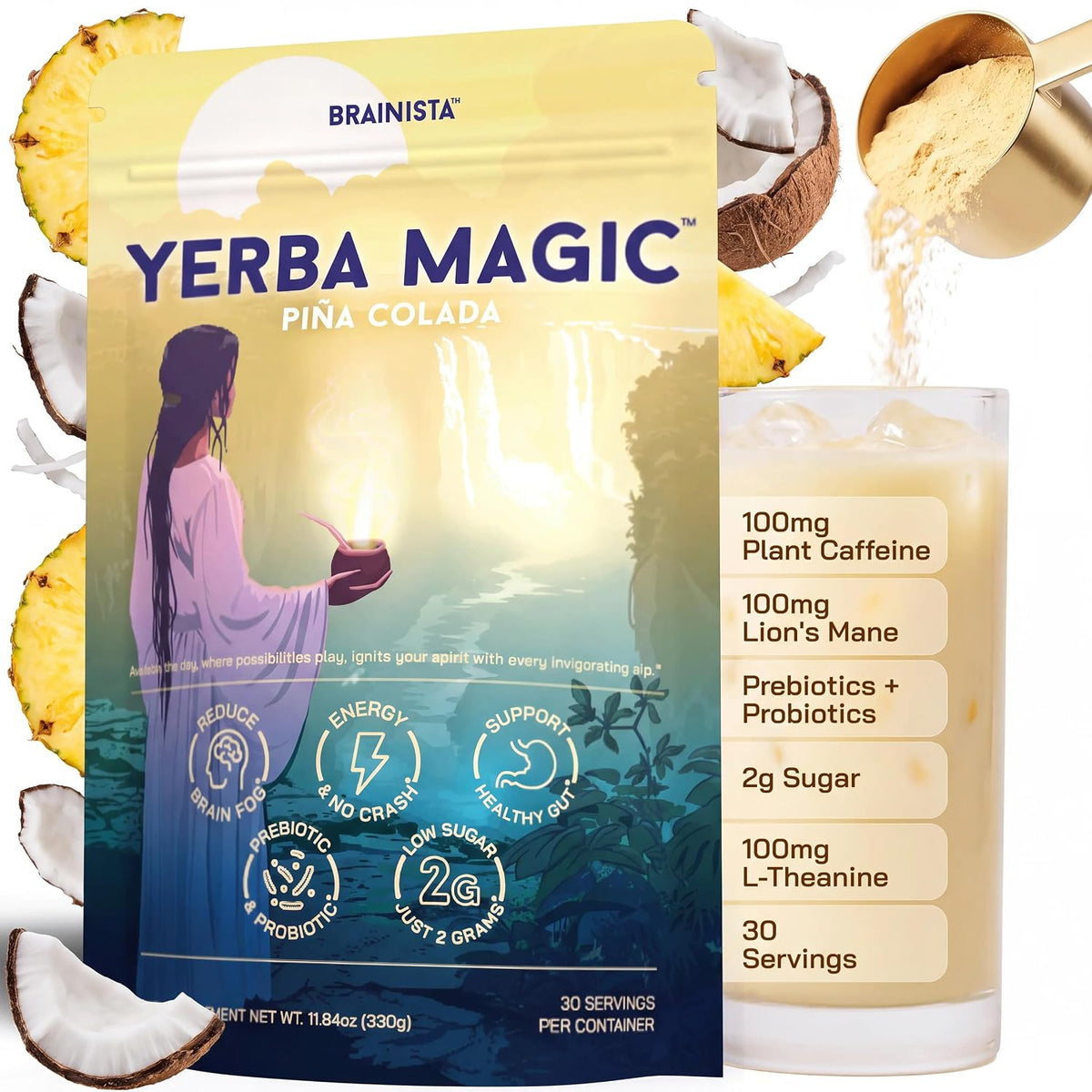 Yerba Mate Energy Drinks, Yerba Magic, Gut Health, Peach Mango, 30 Servings