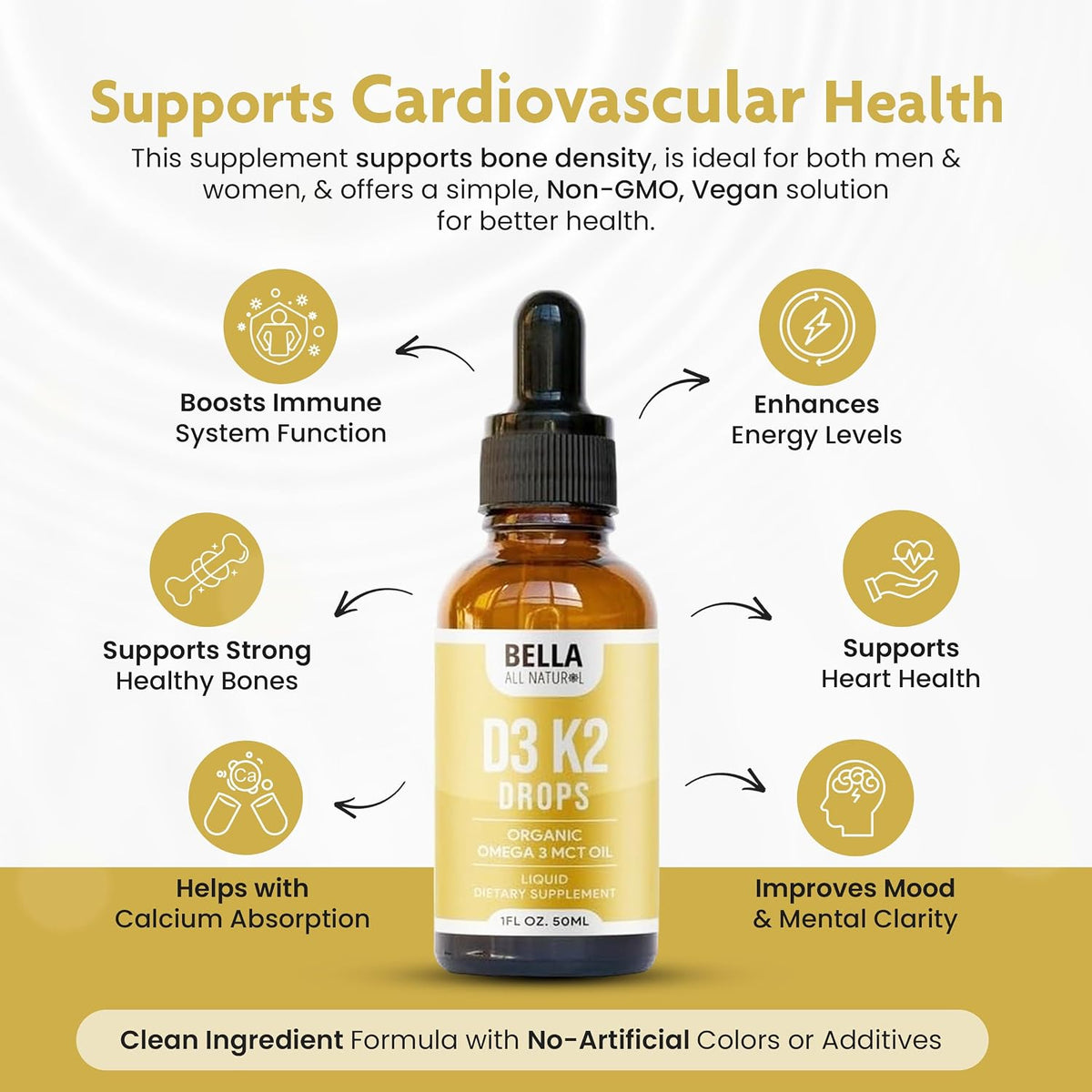Bella All Natural Vitamin D3 K2 Liquid Drops 5000 IU (Unflavored)