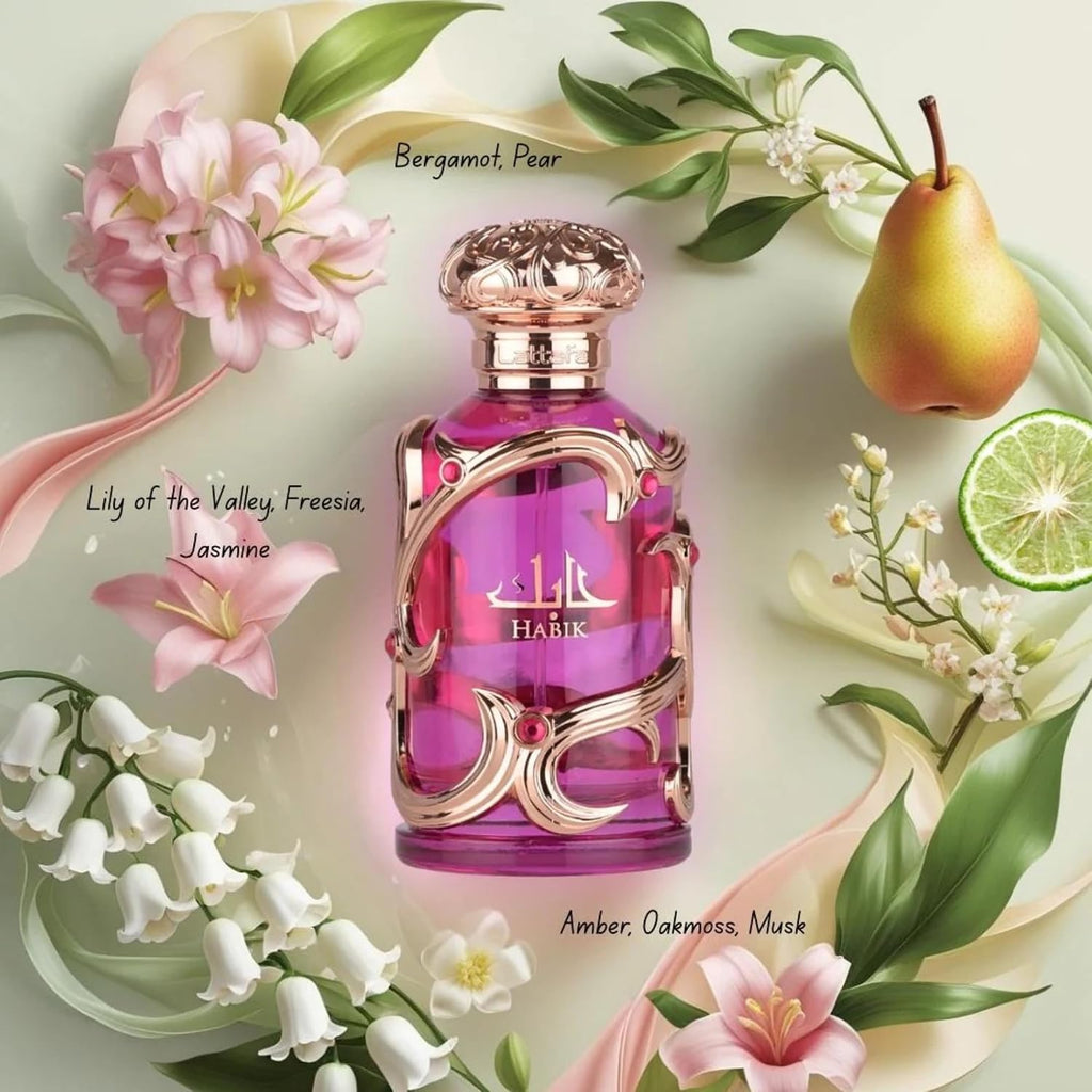Hub Wavy Lattafa Habik perfume bottle with elegant design, 3.4 oz (100 ml), luxury women's fragrance.