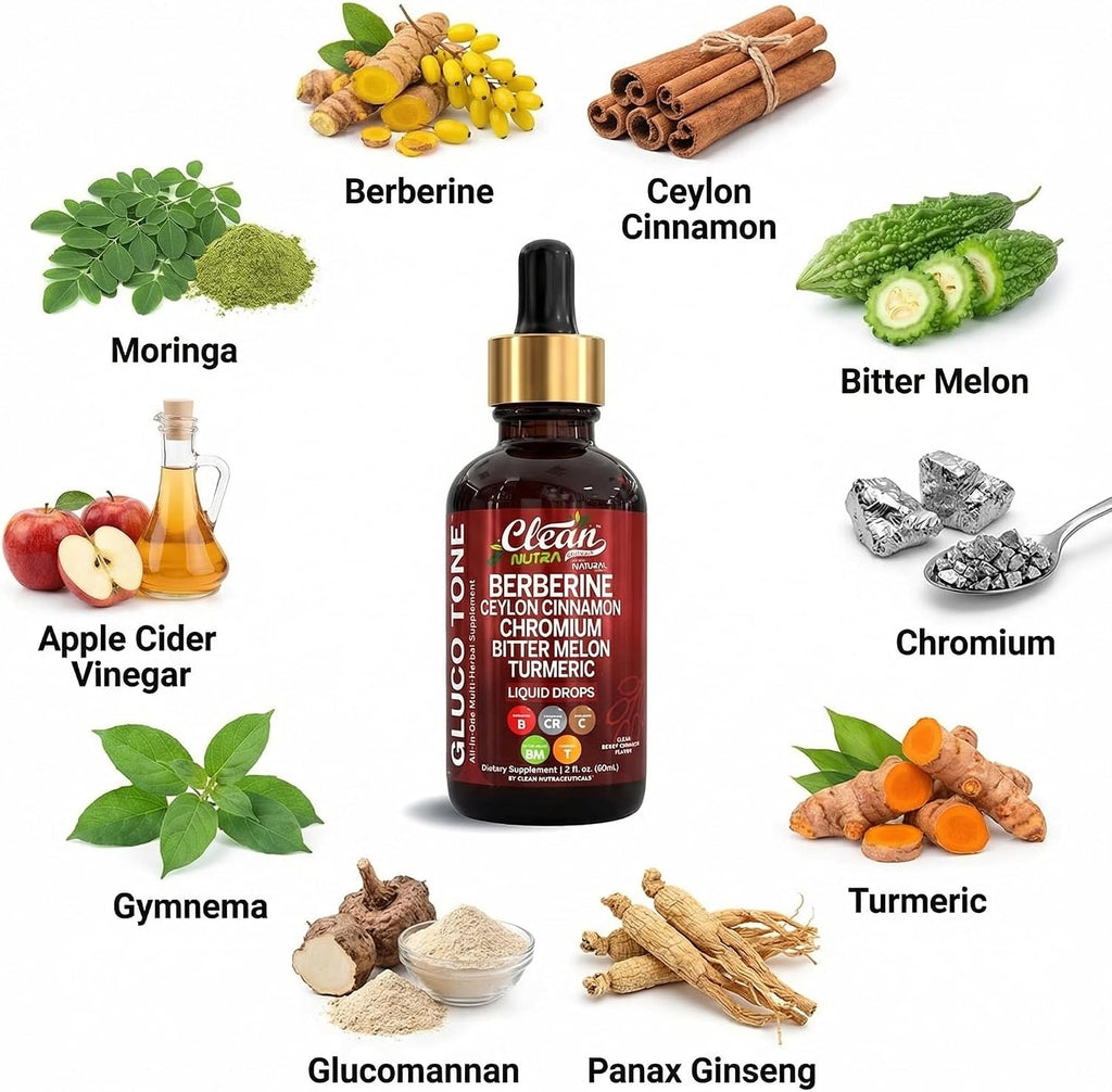 Clean Nutra Berberine with Ceylon Cinnamon Supplement Liquid Drops + Bitter Melon Extract, Glucomannan, Gymnema, Chromium, Turmeric, Organic Panax Ginseng, Moringa