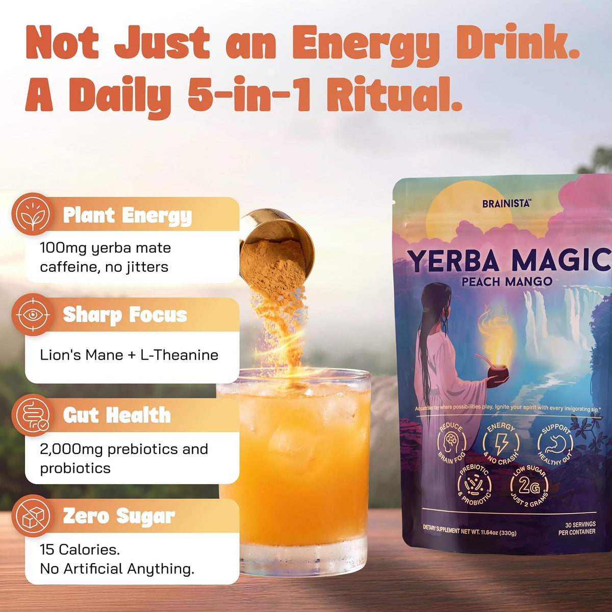 Yerba Mate Energy Drinks, Yerba Magic, Gut Health, Peach Mango, 30 Servings