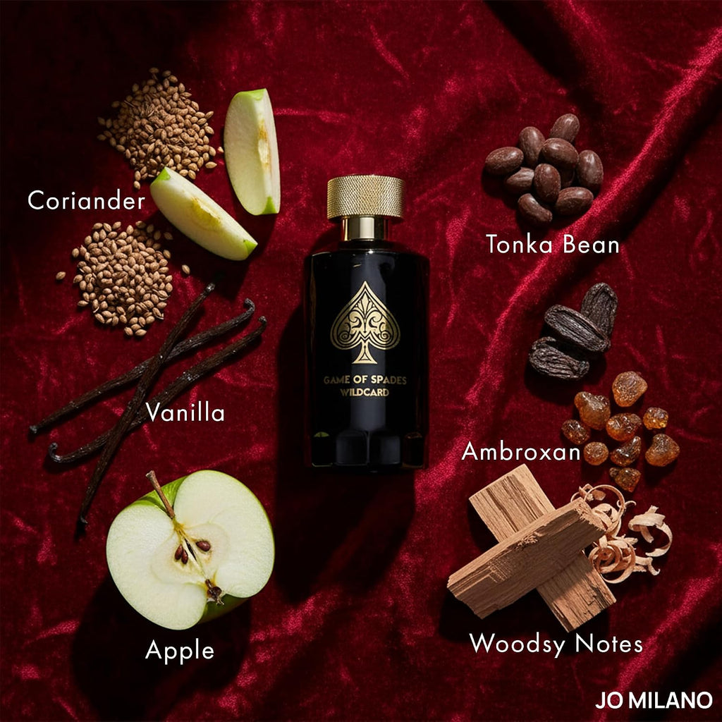 Hub Wavy Jo Milano Game of Spades Wildcard men's luxury fragrance bottle, 3.4 fl oz, with sleek design and authentic branding.
