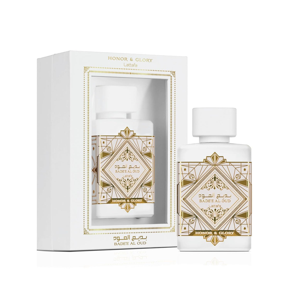 Lattafa Bade'e Al Oud perfume by Hub Wavy, luxury unisex fragrance in 100ml bottle, featuring intricate perfume bottle design.