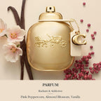 Hub Wavy Coach Gold Parfum for Women in 3 oz bottle, luxurious fragrance with gold accents and elegant packaging.