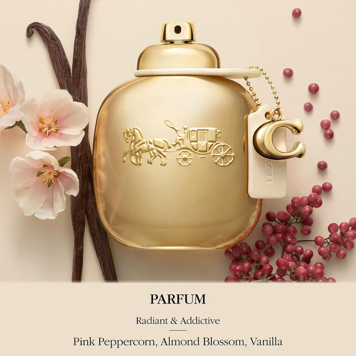 Hub Wavy Coach Gold Parfum for Women in 3 oz bottle, luxurious fragrance with gold accents and elegant packaging.
