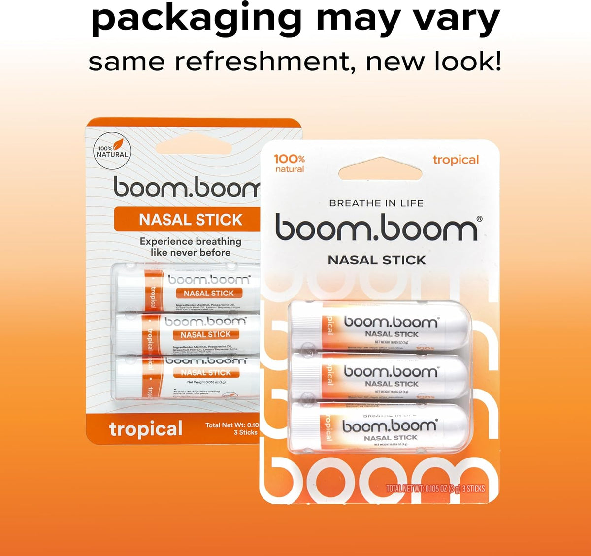 BoomBoom Nasal Stick, Essential Oils + Menthol Inhaler, Tropical, 3 Pack
