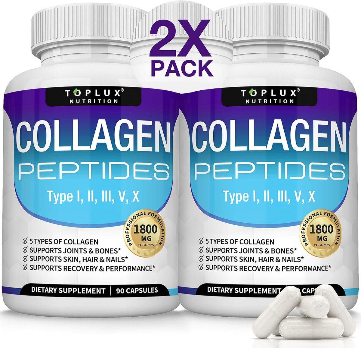 Toplux Multi Collagen Peptides Pills 1800 Mg Complex - Type I, II, III, V, X Premium Collagen Complex for Better Skin & Hair, Strong Joint, Hydrolyzed Protein, for Men Women, 90 Capsules, Supplement
