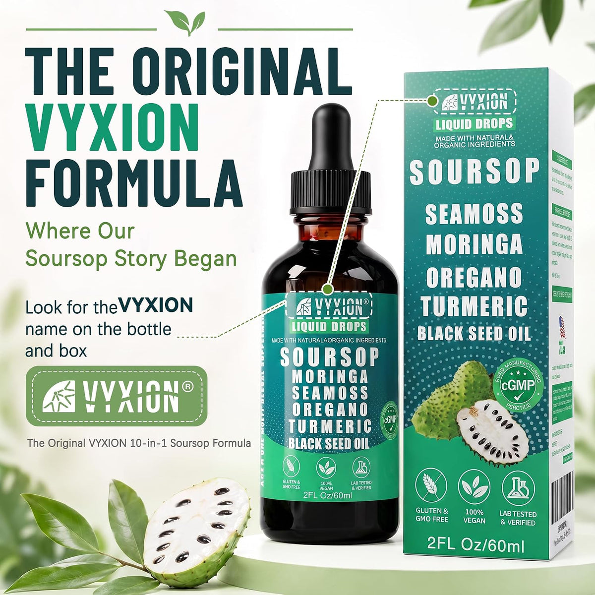 Vyxion Soursop Bitters Liquid Drops 10 in 1 with Sea Moss, Moringa, Turmeric, Black Seed Oil, Oregano, Ashwagandha | Herbal Extracts for Overall Health-Enhancing | Vegan, Non-GMO | 2 Fl Oz